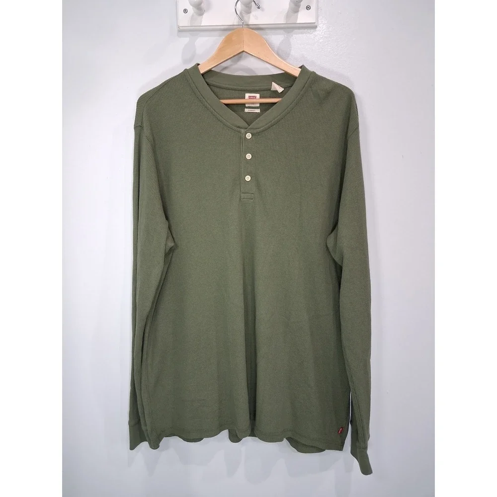 Levis Mens XXL Olive Green Waffle Knit Thermal Long Sleeve Henley Shirt